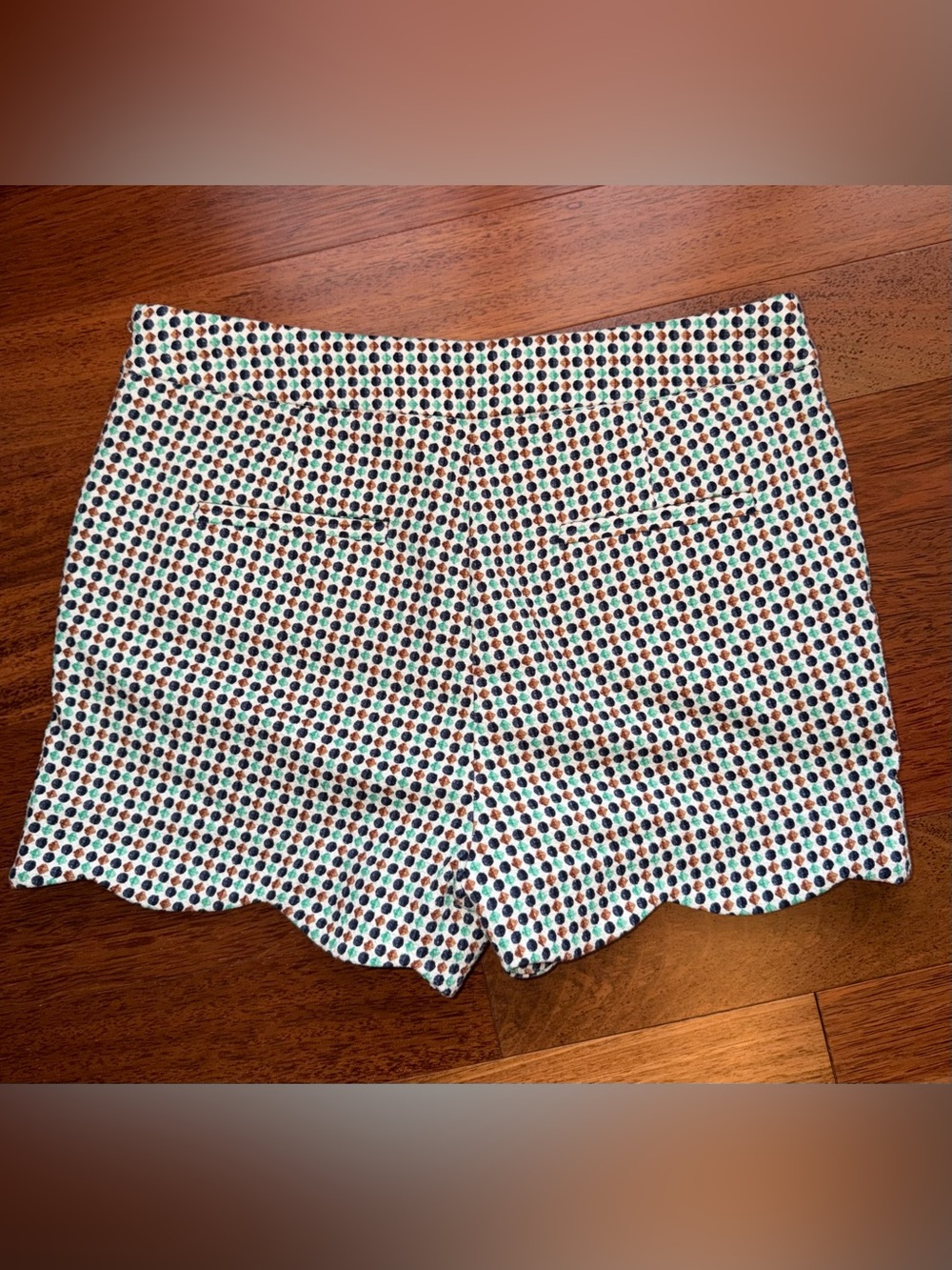 Anthropologie White High-Waist Scallop Hem Shorts with Blue & Brown Dot Print - Picture 3 of 9